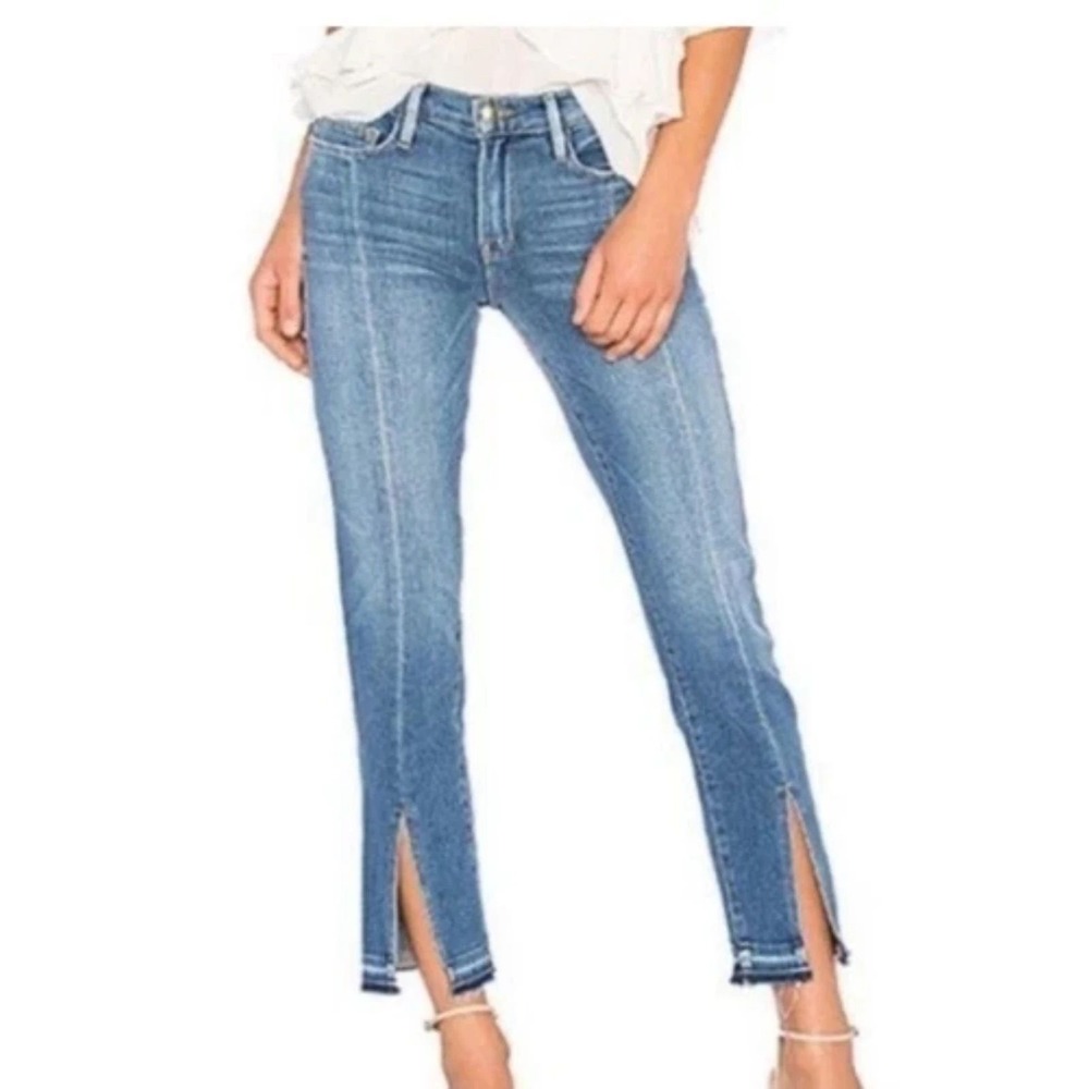 Frame Le High Straight Raw Split Hem Jeans Sz 30‎ x 27 Ankle Crop Foster Blue